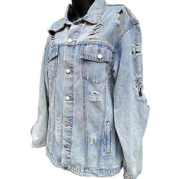Umgee Distressed Oversized Faded Blue Jean Button Up Jacket Women’s L GRUNGE - Picture 7 of 9